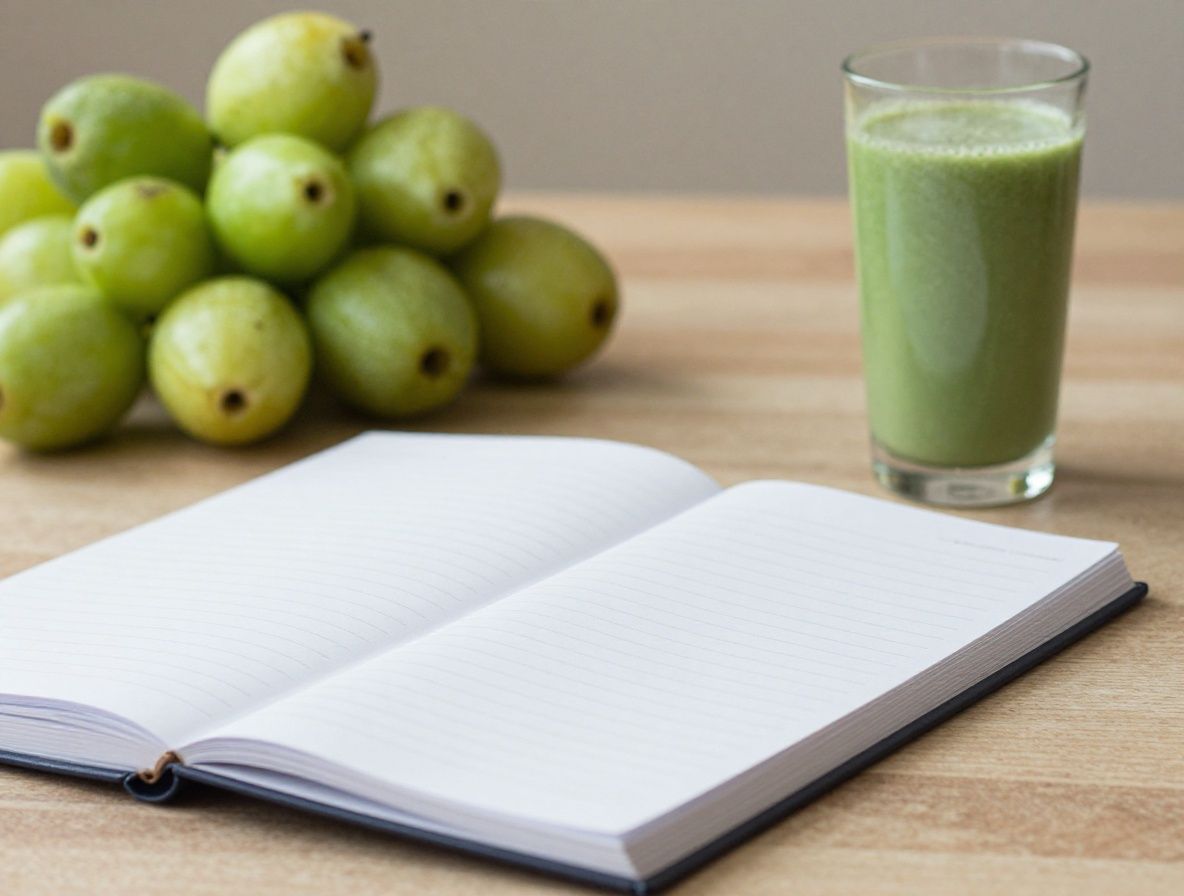 Zdravá snídaně z pohledu shora – miska s oříšky a bobulemi, sklenice vody, zelené smoothie a otevřený zápisník na světlém stole v ranním světle