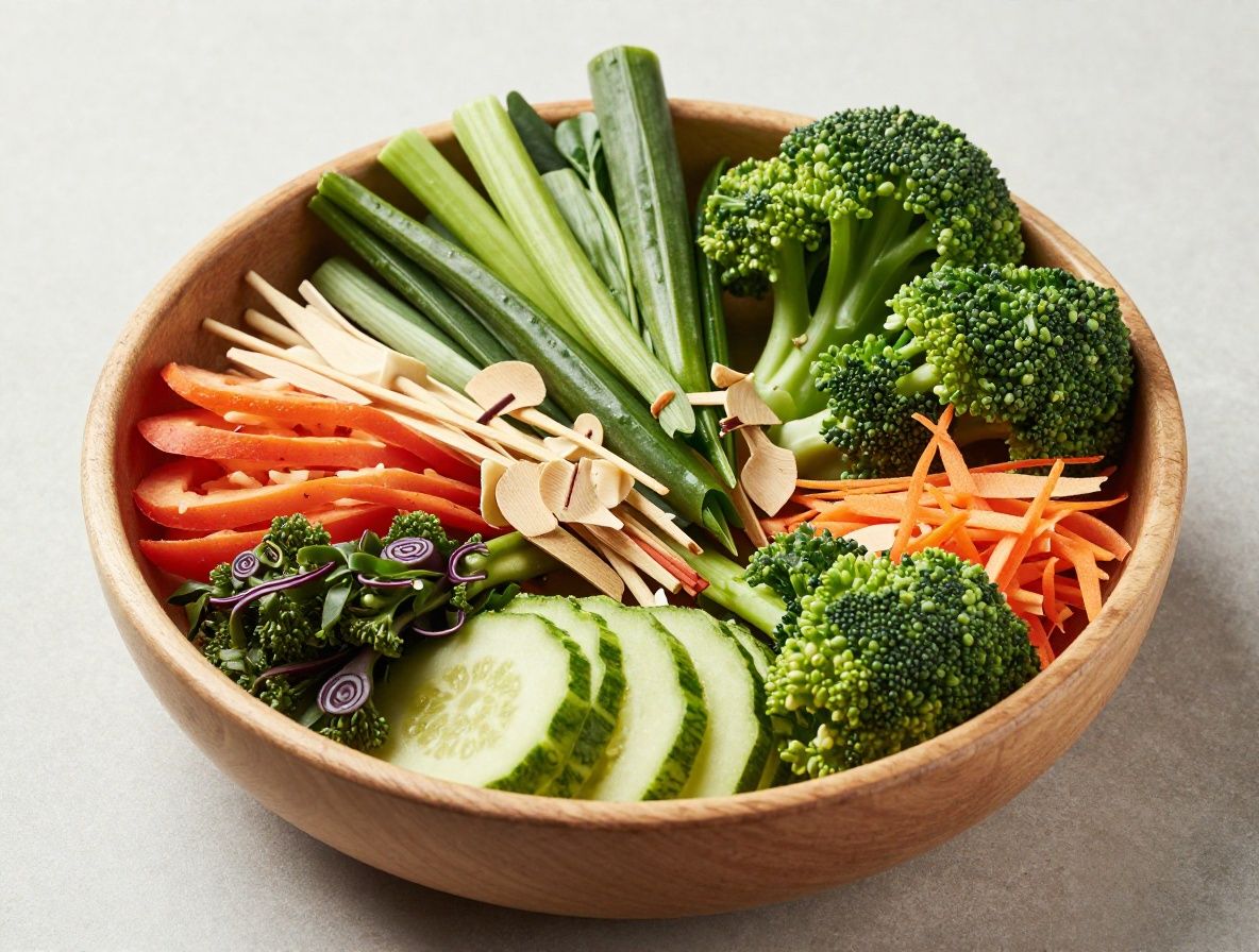 Pohled shora na misku se zeleným salátem, semínky a restovanou zeleninou, světlý keramický talíř a dřevěné náčiní na přírodním povrchu