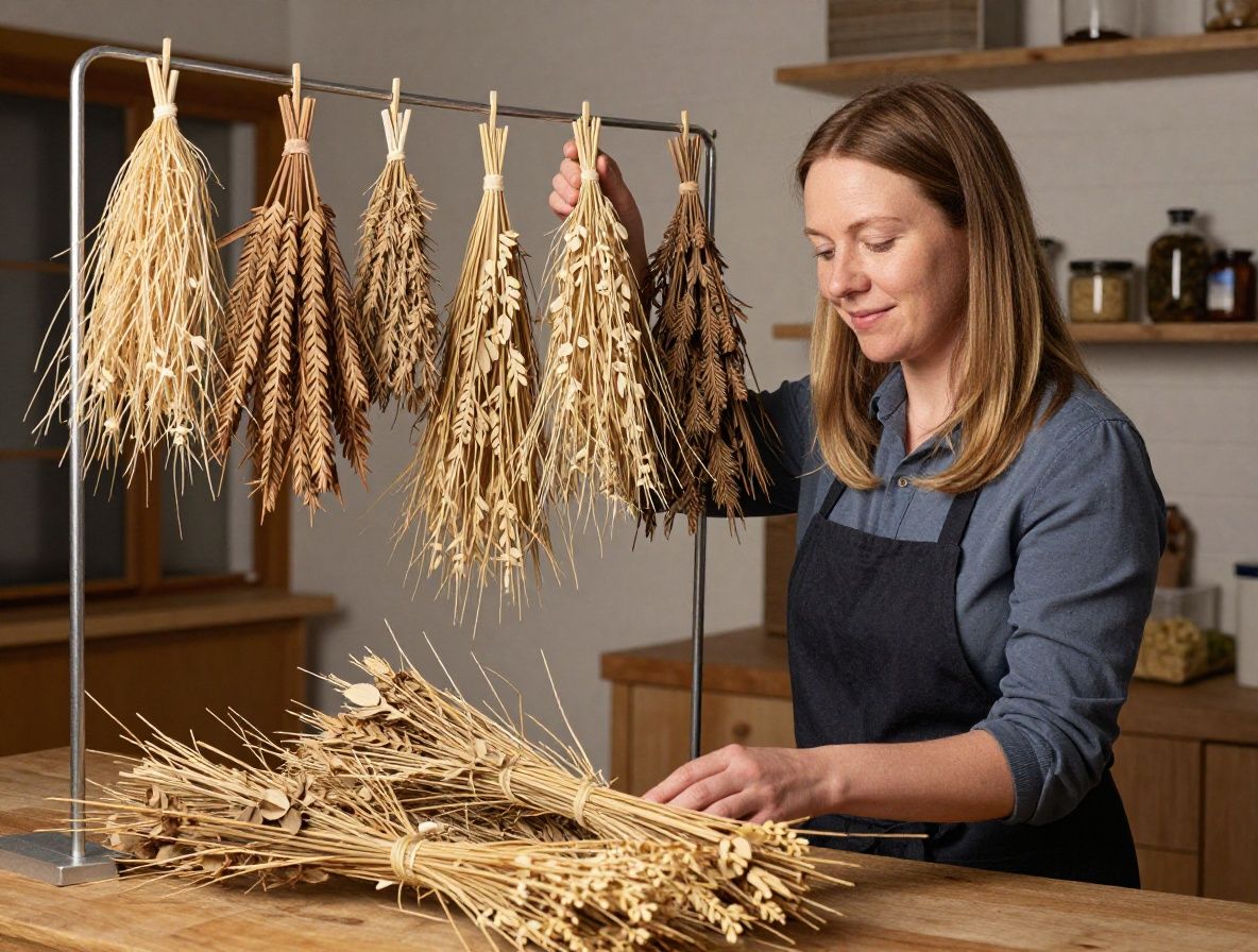 Sušené bylinky zavěšené v svazečcích v dřevěné kuchyni, teplé světlo a přirozené textury zdůrazňující tradiční přístup k bylinným preparátům