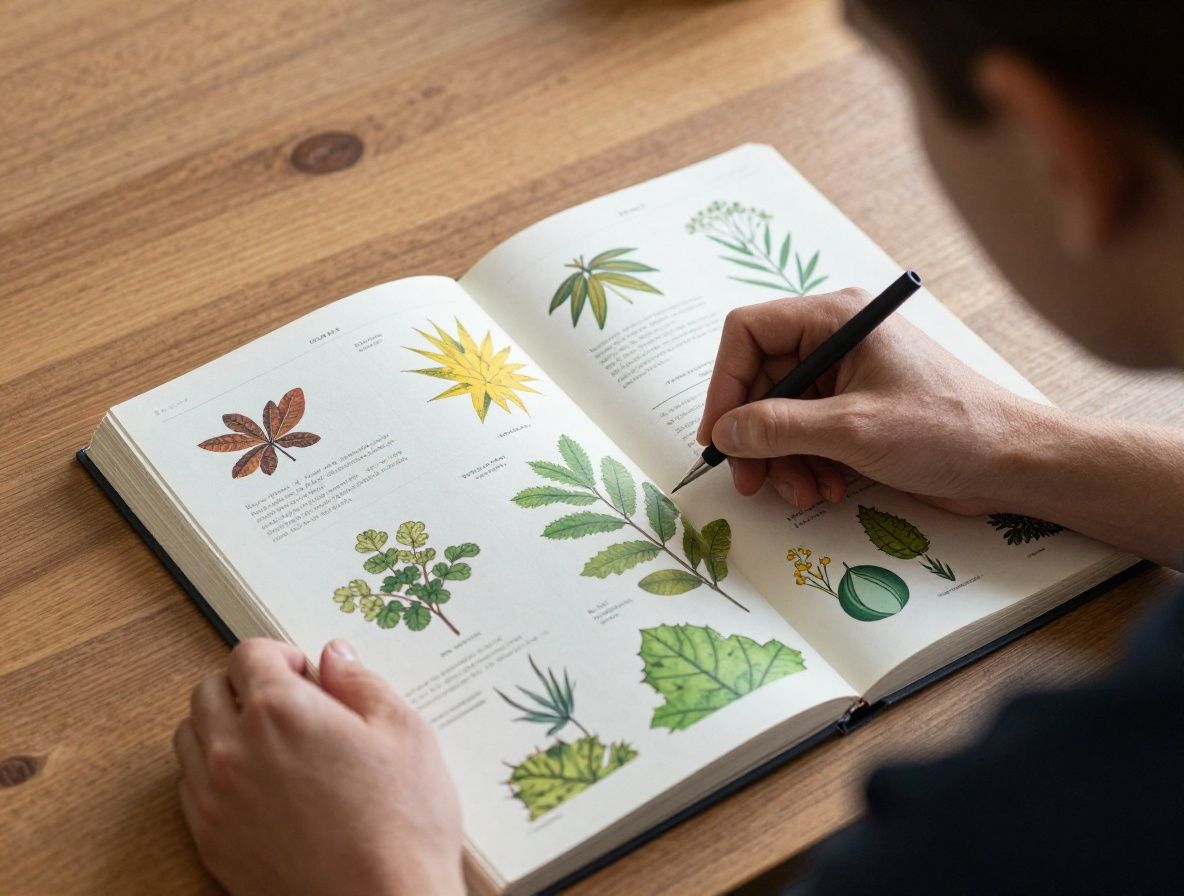Otevřená kniha s botanickými ilustracemi rostlin na dřevěném stole, v pozadí zelené listy, atmosféra studijního a výzkumného prostředí